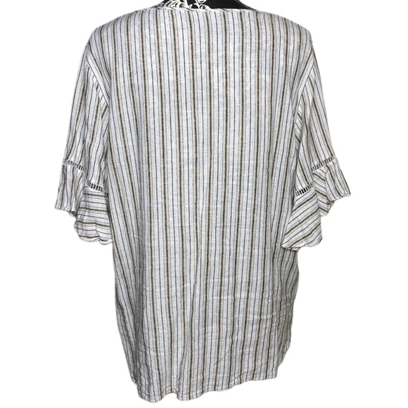 Ellen Tracy Linen Tie Neck Top Horizontal Striped Blouse Ruffled Flare Sleeves - Picture 3 of 6